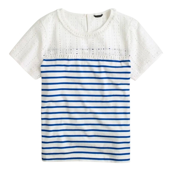J. Crew Tops - J Crew Blue and White Striped Eyelet Top Size Small